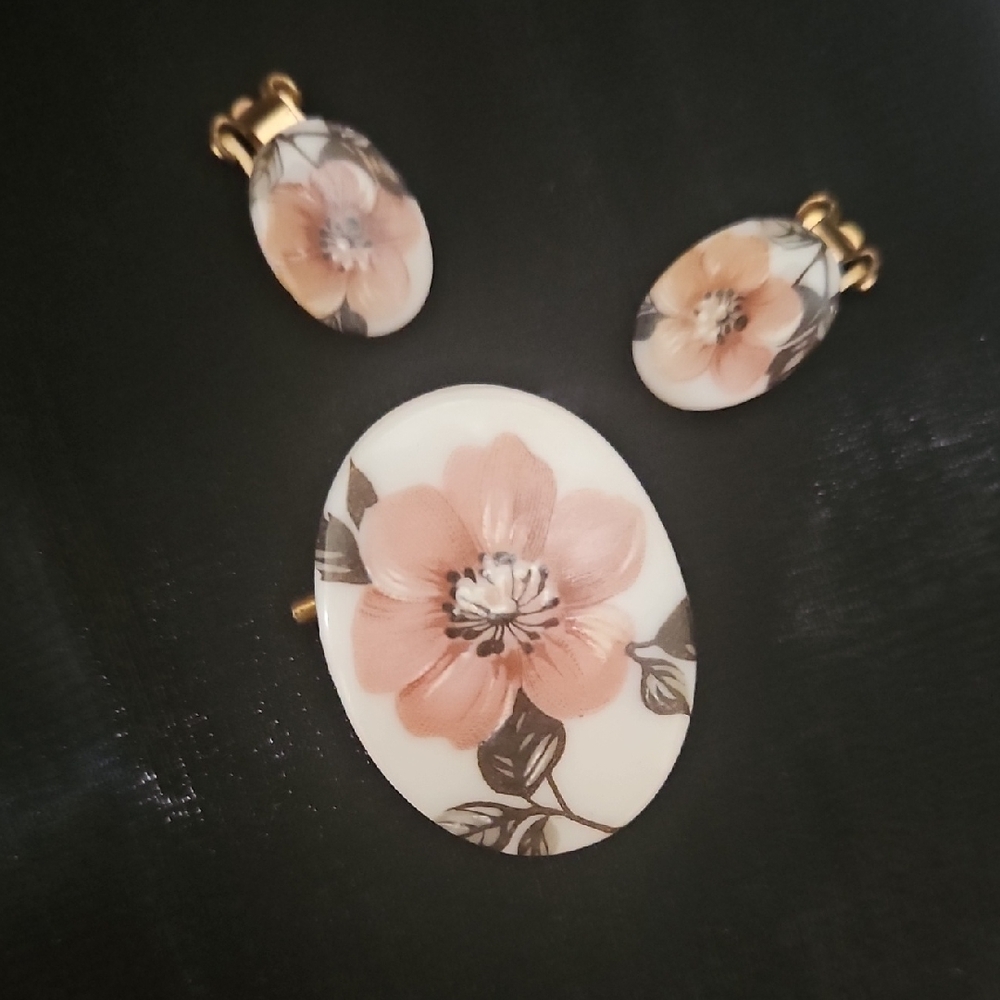 Vintage Porcelain or Milk Glass Floral Brooch and Earring Set